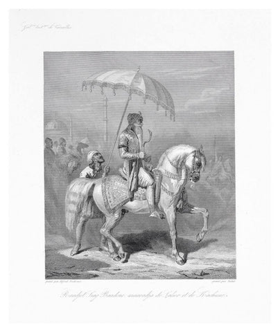 Maharajah Ranjit Singh On Horseback - Alfred Dedreux c1838 - Vintage Indian Punjab Sikh Painting - Large Art Prints