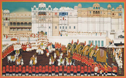 Maharana Bhupal Singh Inspecting The Royal Horses And Elephants At Dassehra - C.1939 - Vintage Indian Miniature Art Painting by Miniature Vintage