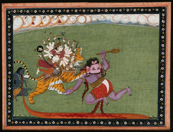 Mahisauramardini; Durga Slaying The Buffalo Demon, Mahishasura - C.1800 - 1899 - Vintage Indian Miniature Art Painting - Art Prints