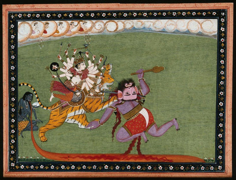 Mahisauramardini; Durga Slaying The Buffalo Demon, Mahishasura - C.1800 - 1899 - Vintage Indian Miniature Art Painting - Art Prints