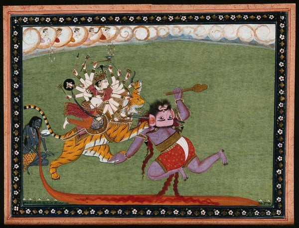 Mahisauramardini; Durga Slaying The Buffalo Demon, Mahishasura - C.1800 - 1899 - Vintage Indian Miniature Art Painting - Canvas Prints