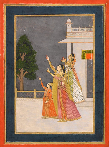 Maidens Of The Zenana Pointing At The Moon, Murshidabad - Vintage Indian Miniature Art Painting - Art Prints