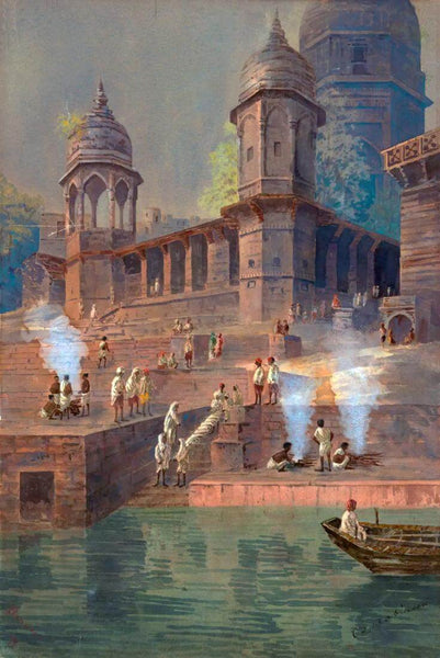 Manikarnika Ghat In Varanasi - C J Robinson - Vintage Orientalist Paintings of India - Framed Prints