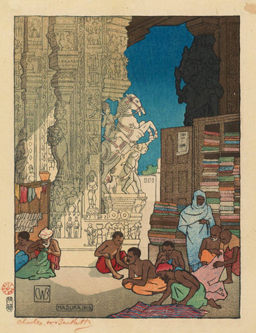 Meenakshi Temple, Madurai - Charles W Bartlett - Vintage 1916 Orientalist Woodblock India Painting - Canvas Prints by Charles Bartlett