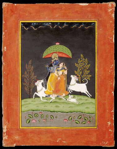 Radha And Krishna Under A Parasol - Bundi School 18th Century - Vintage Indian Miniature Art Painting by Miniature Art