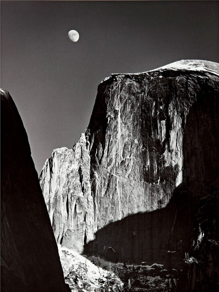 Moon And Half Dome At Yosemite Park - Ansel Adams - American Landscape Photograph - Posters