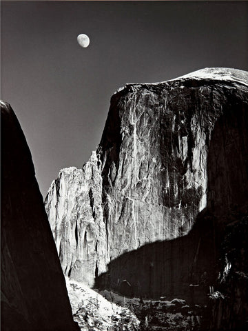 Moon And Half Dome At Yosemite Park - Ansel Adams - American Landscape Photograph - Posters by Ansel Adams