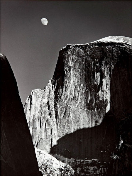 Moon And Half Dome At Yosemite Park - Ansel Adams - American Landscape Photograph - Framed Prints