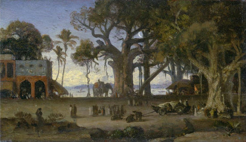 Moonlit Scene of Indian Figures and Elephants among Banyan Trees, Lucknow - Auguste Borget - c1786 Vintage Orientalist Paintings of India - Large Art Prints by Auguste Borget