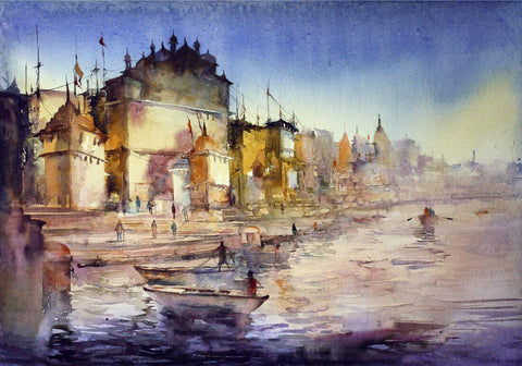 Morning In Benaras (The Holy City of Varanasi) Painting - Art Prints by Shriyay