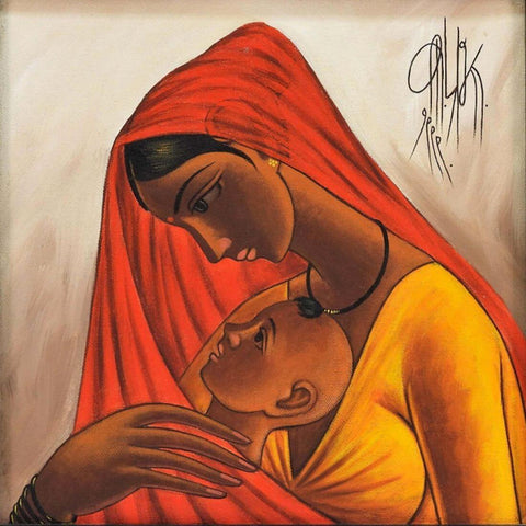 Mother And Child - B Prabha Indian Art Painting by B. Prabha