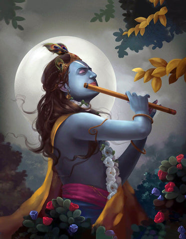 Murlidhar Krishna In The Moonlight - Krishna Flute Painting - Art Prints by Raghuraman | Buy Posters, Frames, Canvas & Digital Art Prints | Small, Compact, Medium and Large Variants