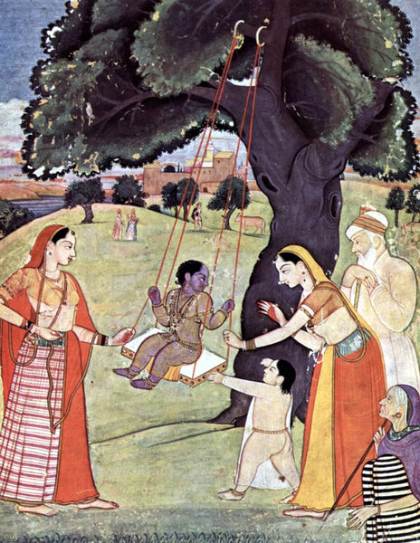 Nanda and Yashoda pushing baby Krishna on a swing - 1755 Vintage Indian Painting - Posters