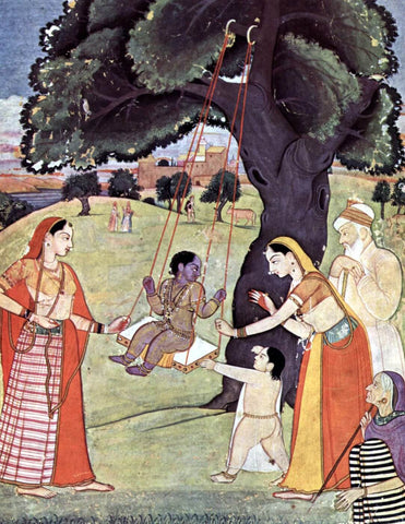 Nanda and Yashoda pushing baby Krishna on a swing - 1755 Vintage Indian Painting - Art Prints by Jai