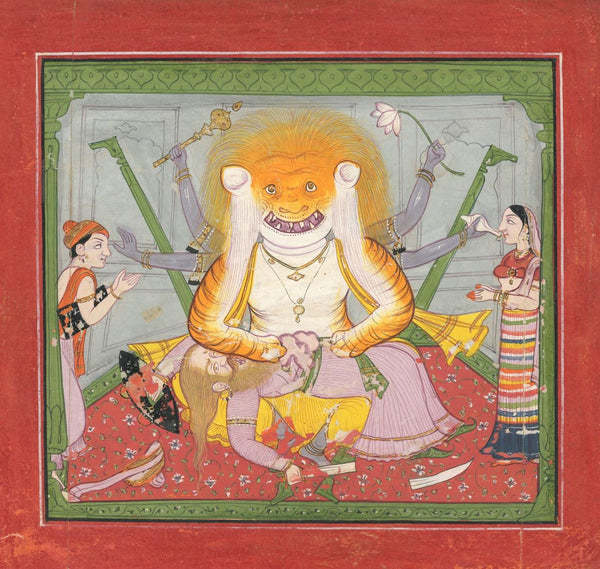 Narasimha Avatar, An Avatar Of Vishnu - C.1880 - Vintage Indian Miniature Art Painting - Framed Prints