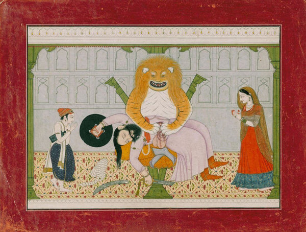 Narasimha Kills Hiranyakashipu On The Threshold Of His Palace - C. 1775 - C. 1790- Vintage Indian Miniature Art Painting - Art Prints