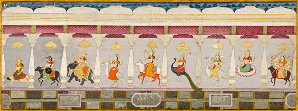 Nine Forms of the Goddess (Folio 2 from the Durga Charit) c1780 – Attr Bulaki - Vintage Indian Jodhpur Painting - Large Art Prints
