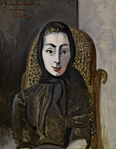Portrait Of Jacqueline In Rocking Chair And Black Scarf, 1954 (Portrait de Jacqueline au rocking-chair et au foulard noir, 1954) – Pablo Picasso Painting by Pablo Picasso