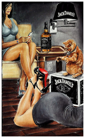 Painting - Jack Daniels Ladies With Cat - Bar Art by Deepak Tomar