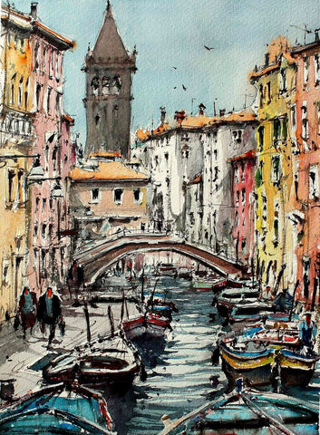 Painting Of Gondolas Along The Grand Canal In Venice - Canvas Prints by Hamid Raza