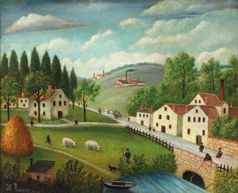 Pastoral Landscape with Stream Fisherman and Strollers - Henri Rousseau - Large Art Prints by Henri Rousseau