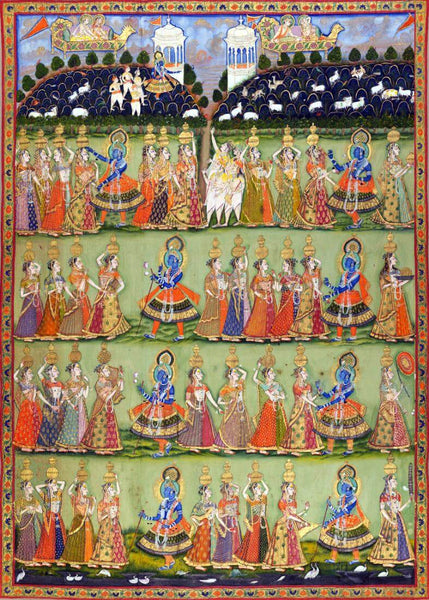Pichhavai Depicting Dana Lila (Krishna Demands a Toll from the Gopis) - 19th Century Vintage Indian Art Painting - Framed Prints