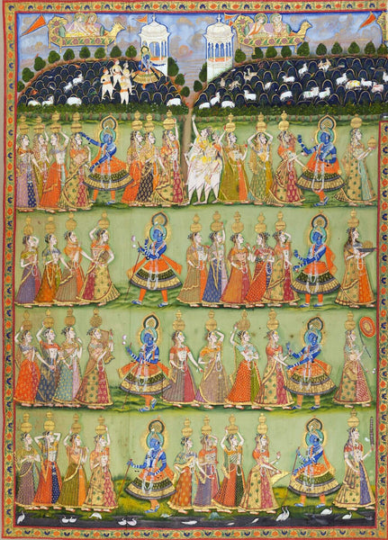 Pichhavai Depicting Dana Lila (Krishna Demands a Toll from the Gopis) - 19th Century Vintage Indian Art Painting - Life Size Posters