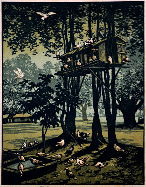 Pigeon's Home - Haren Das - Bengal School Art Woodcut Painting - Posters