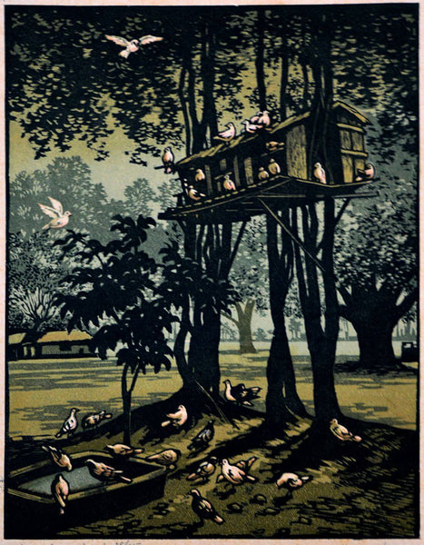 Pigeon's Home - Haren Das - Bengal School Art Woodcut Painting - Art Prints