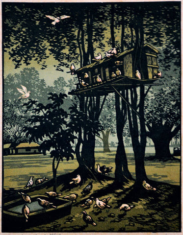 Pigeon's Home - Haren Das - Bengal School Art Woodcut Painting - Art Prints