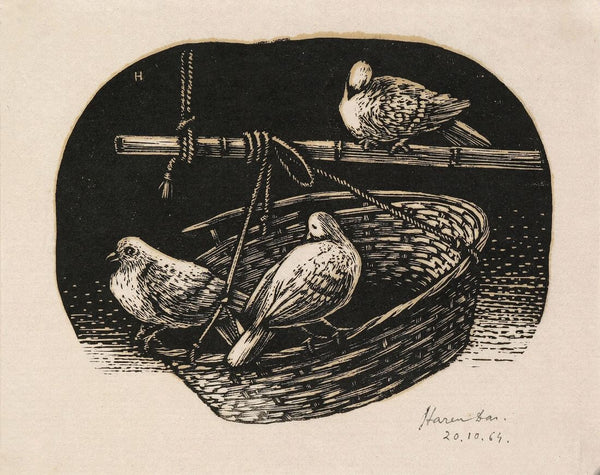 Pigeons - Haren Das - Bengal School Art Woodcut Painting - Art Prints