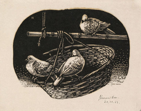 Pigeons - Haren Das - Bengal School Art Woodcut Painting - Art Prints
