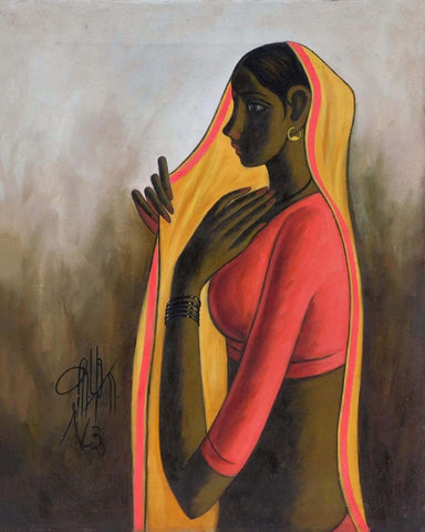 Portrait Of A Young Woman - B Prabha - Indian Art Painting by B. Prabha