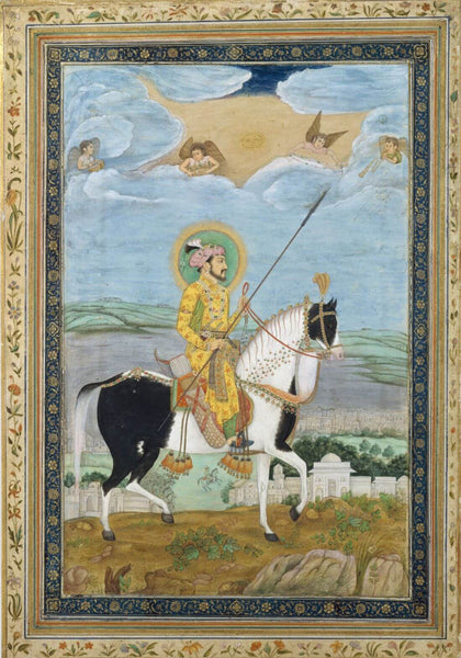 Portrait Of Shah Jahan On Horseback -Vintage Indian Miniature Art Painting - Canvas Prints