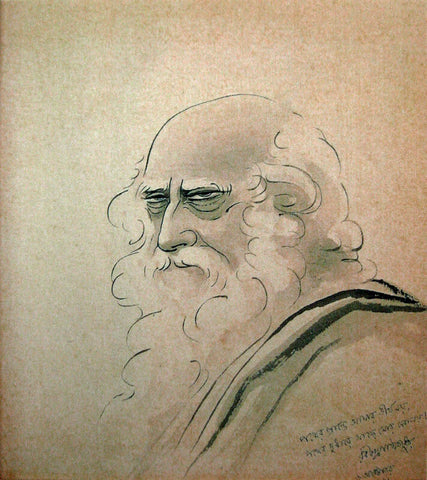 Portrait of Rabindranath Tagore by Kosetsu Nosu With Tagores Autographed Poem by Kosetsu Nosu