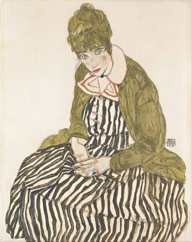 Portrait of Edith Schiele with Striped Dress, Sitting - Posters by Egon Schiele