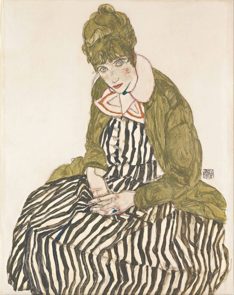 Portrait of Edith Schiele with Striped Dress, Sitting - Large Art Prints