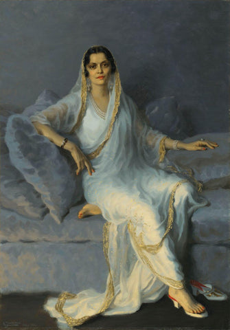 Portrait of Maharani Indira Devi of Cooch Behar Bengal - Alfred Jonniaux - c1932 Vintage Orientalist Paintings of India by Alfred Jonniaux