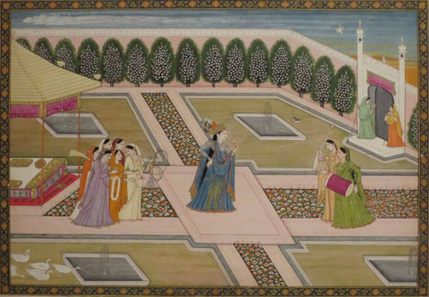 Princess In A Courtyard - C.1799- Vintage Indian Miniature Art Painting by Miniature Vintage