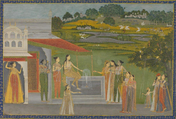 Princesses Gather At A Fountain - Farrokhabad School - C.1770- Vintage Indian Miniature Art Painting - Framed Prints