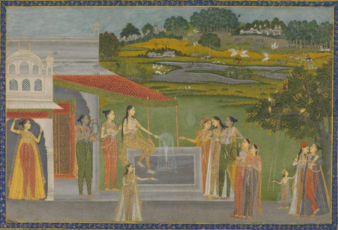 Princesses Gather At A Fountain - Farrokhabad School - C.1770- Vintage Indian Miniature Art Painting by Miniature Vintage