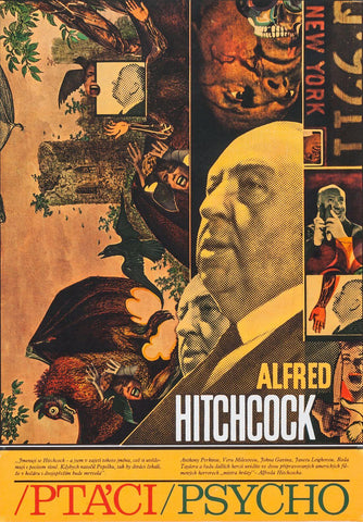 Psycho And Birds - Alfred Hitchcock Classic Horror Movie Dual Release Czech Movie Poster - Life Size Posters by Hitchcock