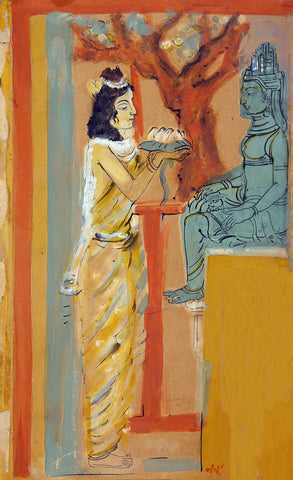 Puja - Nandalal Bose - Bengal School - Famous Indian Painting by Nandalal Bose