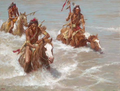 Pursuit Across the Yellowstone - Contemporary Western American Indian Art Painting - Framed Prints