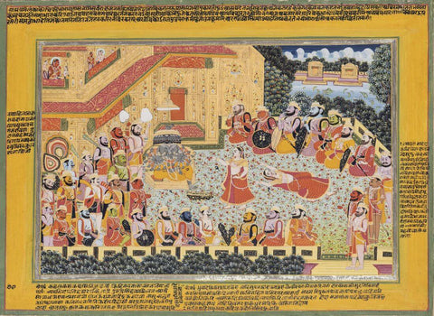 Ravanas Sister Shurpanakha Entices Her Brother To Abduct Sita- Rajput Painting - Mewar - 18 Century Vintage Indian Miniature Art From Ramayana - Large Art Prints by Kritanta Vala