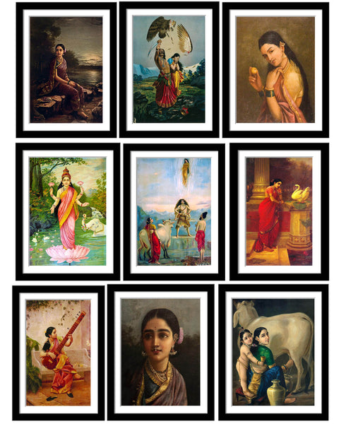 Set of 10 Best of Raja Ravi Varma Paintings - Framed Poster Paper (12 x 17 inches) each