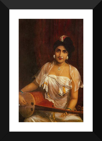 Set of 4 Raja Ravi Varma Paintings - Lady Playing The Veena,Malabar Lady with Veena, Lady with Swarbat , Young Woman with Veena - Framed Art Print