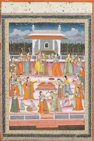 Radha And Krishna Celebrating The Holi festival - Lucknow 18th Century - Indian Vintage Miniature Painting - Art Prints