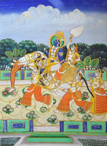 Radha And Krishna on Elephant Made of Lady Figures (Nari Kunjar) Painting - Life Size Posters