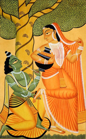Radha Krishna - Kalighat School Of Art - Painting - Large Art Prints by Tallenge